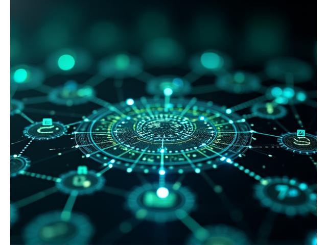 Modern abstract visualization of data and AI processing, with lines connecting financial symbols.