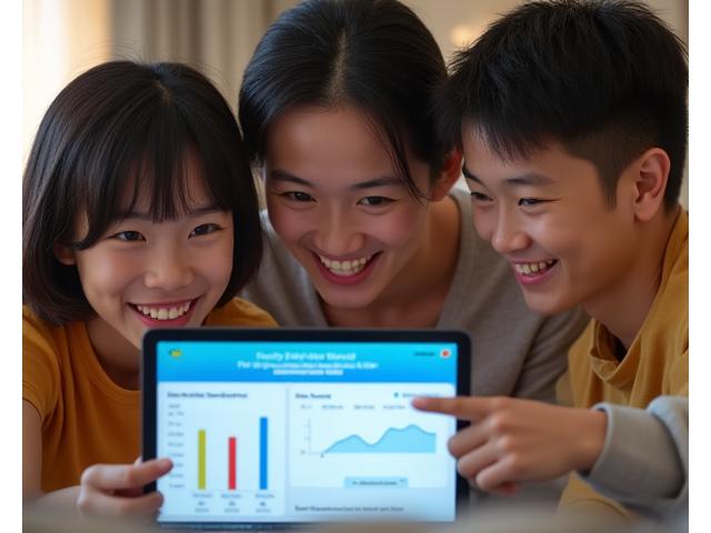 A family using a tablet together, looking at a shared financial dashboard for their household budget