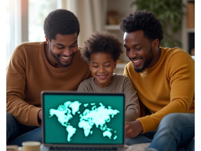 Diverse family discussing finances with a laptop, world map in background
