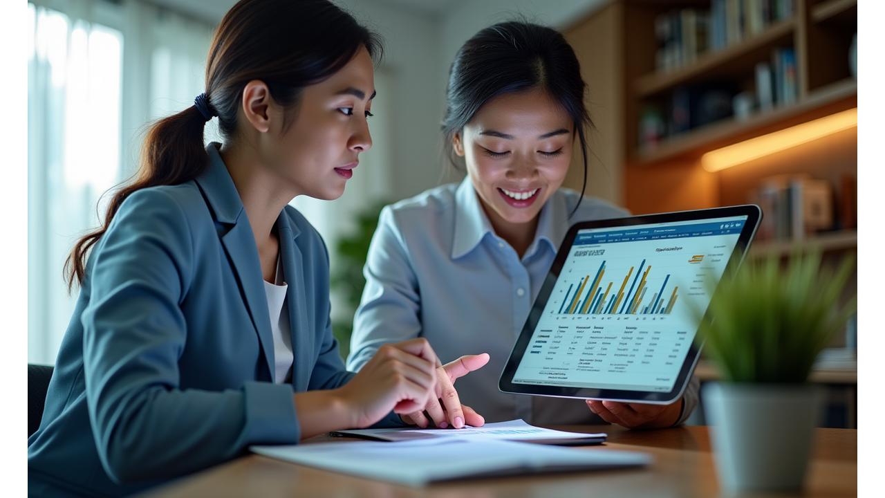 Financial coach guiding a client through financial documents on a tablet, demonstrating a personalized approach to financial planning in Singapore.