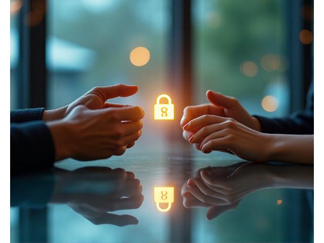 Hands gesturing during a coaching session, with abstract legal symbols and a padlock seamlessly integrated, representing the protection of intellectual property and professional guidance.